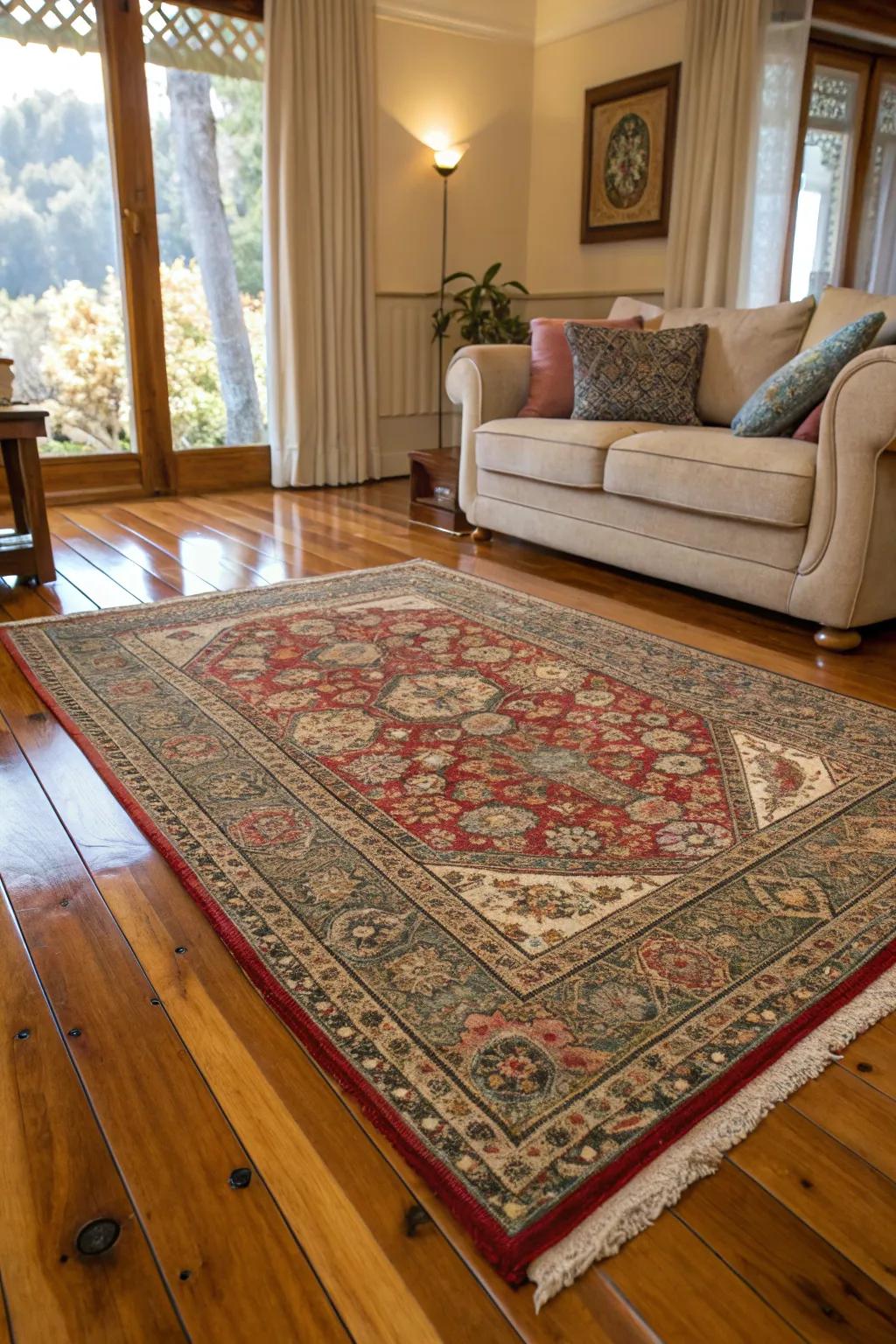 Patterned rugs add warmth and texture to the space.