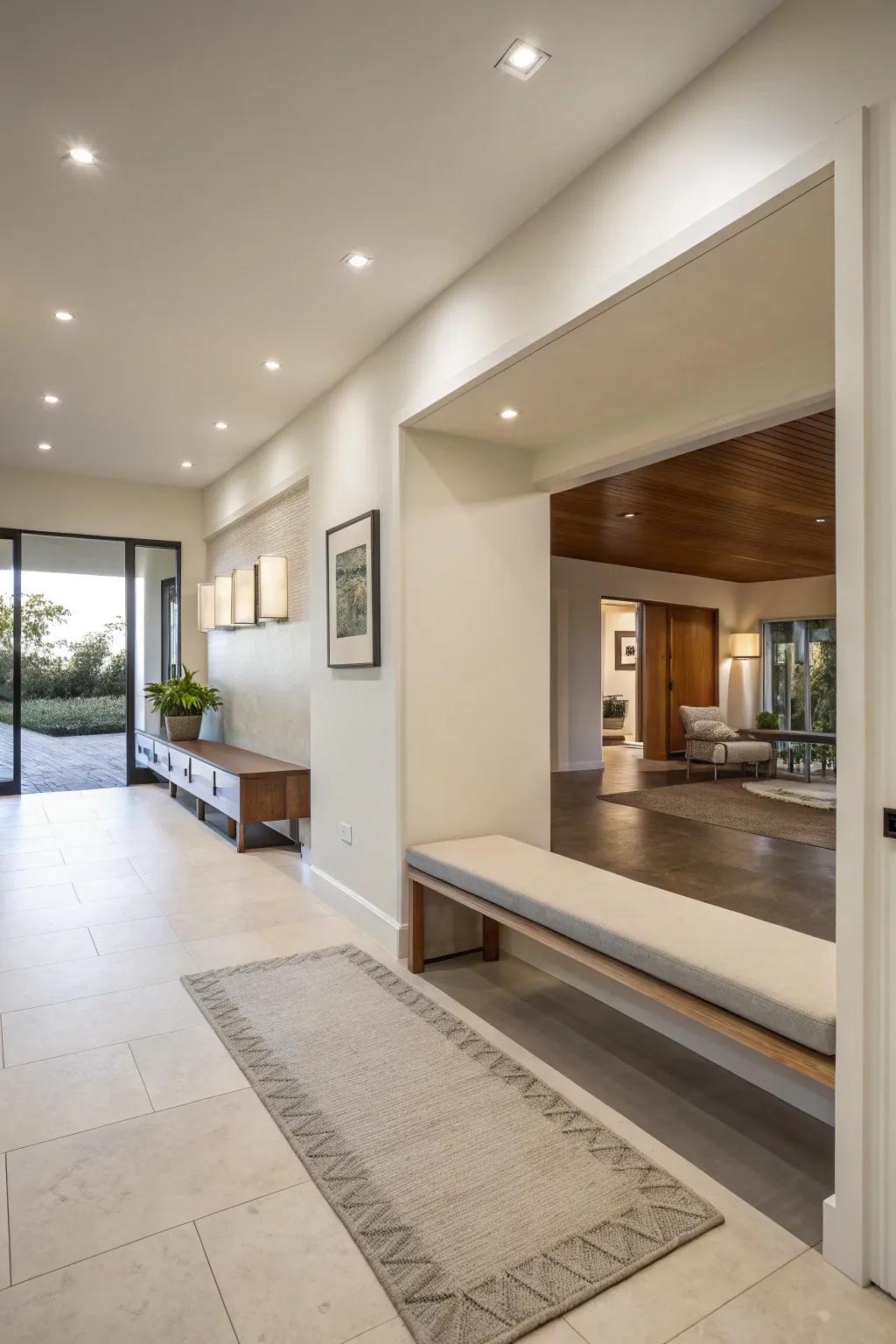 A sleek, minimalist bench complements this modern and spacious entryway.