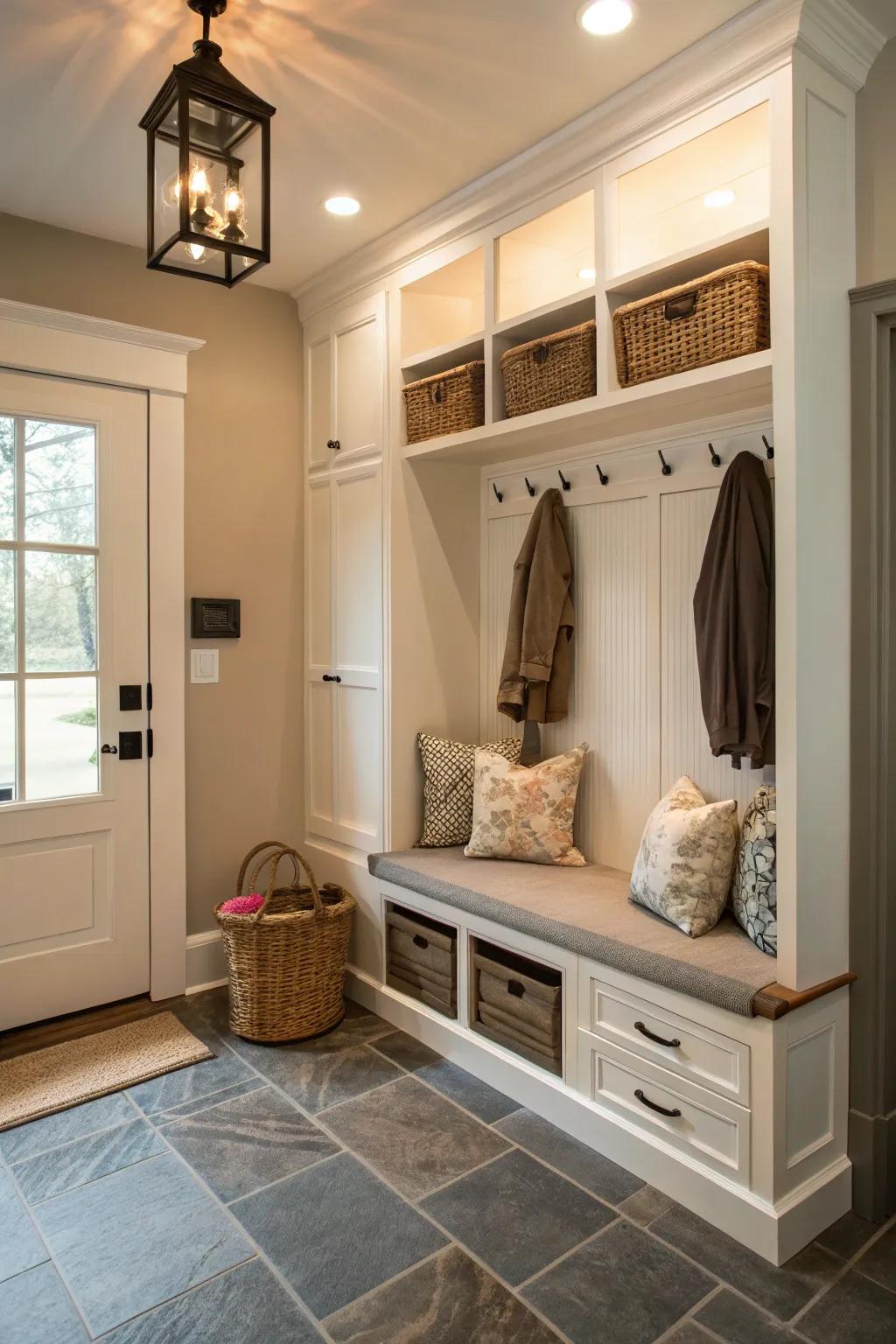 Multifunctional storage pieces keep your entryway clutter-free.