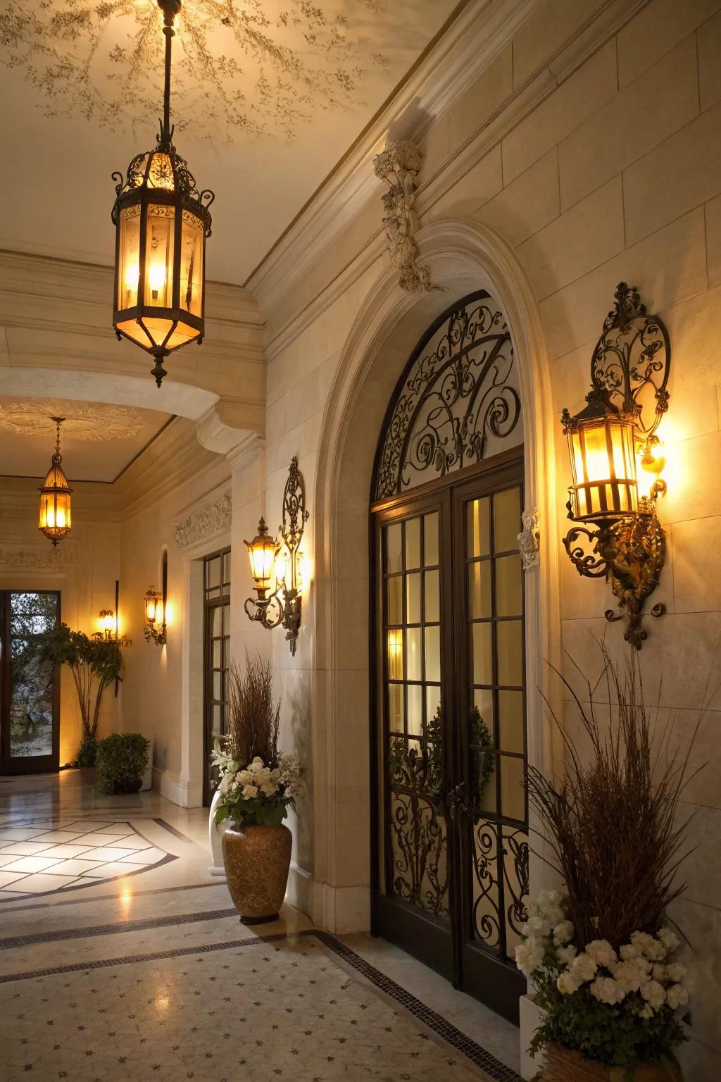 An entryway illuminated by decorative wall sconces providing a sophisticated ambiance.