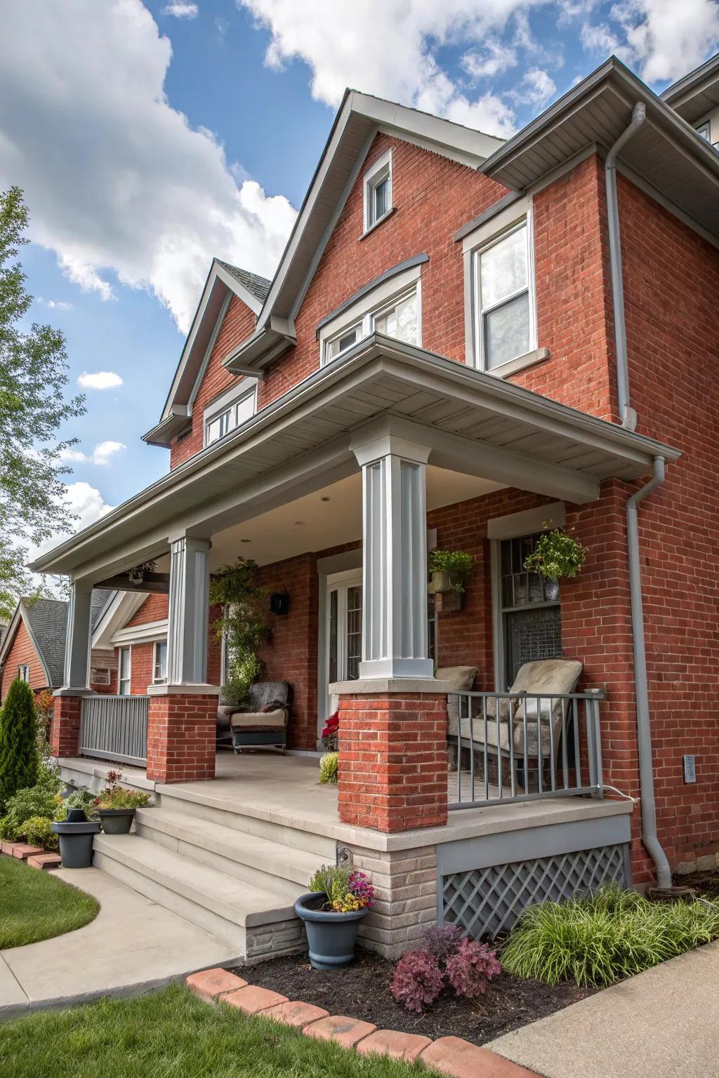 Soft gray tones bring harmony to red brick.