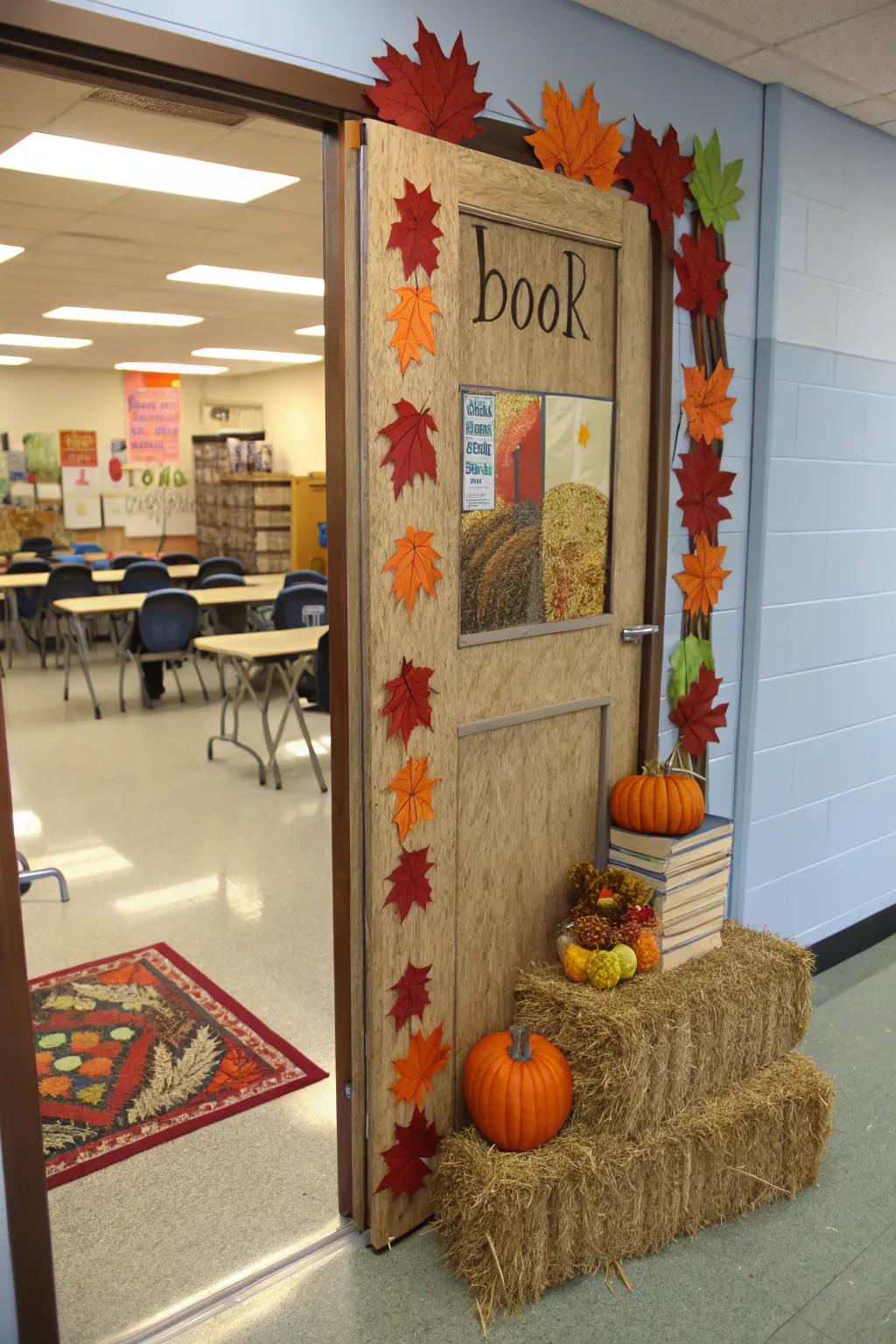 A harvest-themed door with books and hay bales.