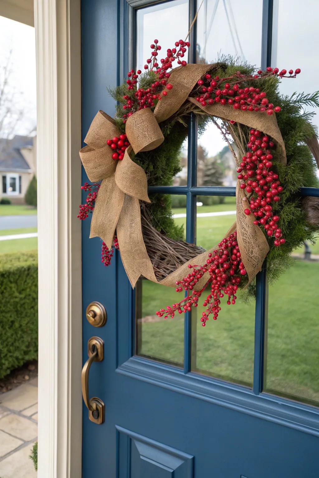 Burlap and berries create a charming seasonal wreath.