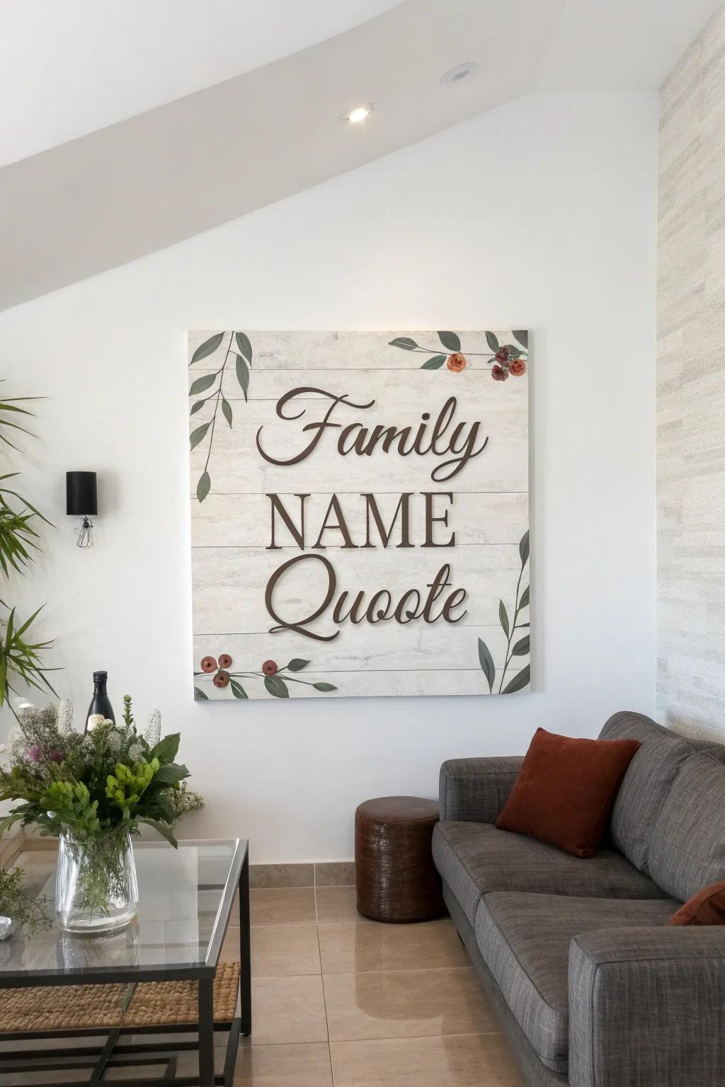 A personalized canvas art sign adding a unique touch to a modern living space.