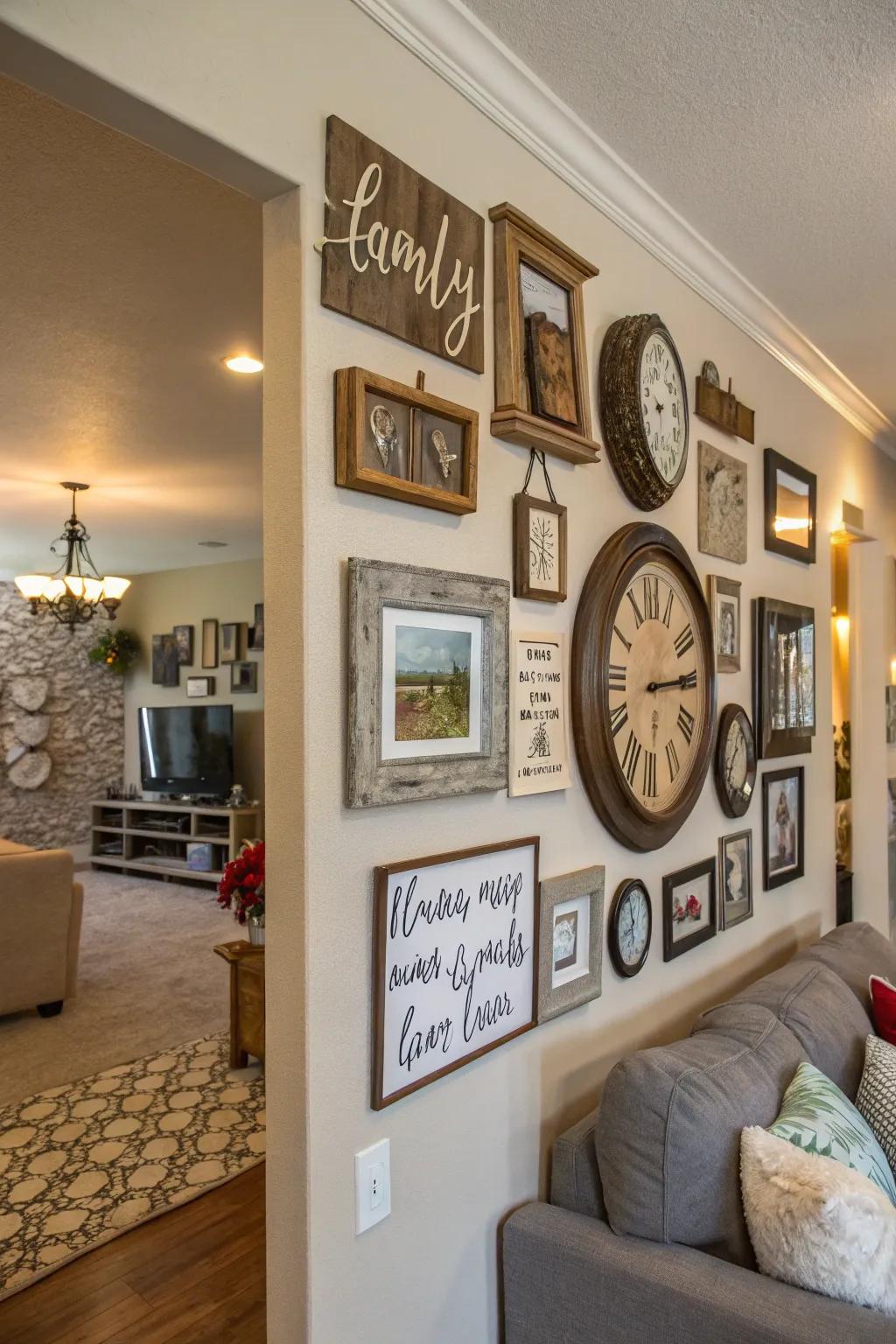 A charming mix of frames and decor elements creating an engaging family wall.