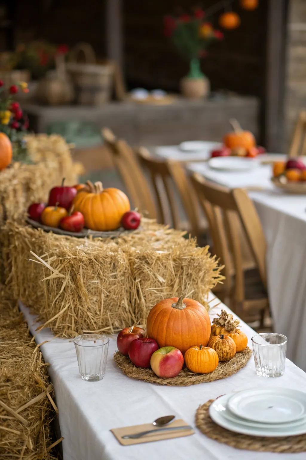 Hay bales topped with pumpkins create a warm, rustic centerpiece.