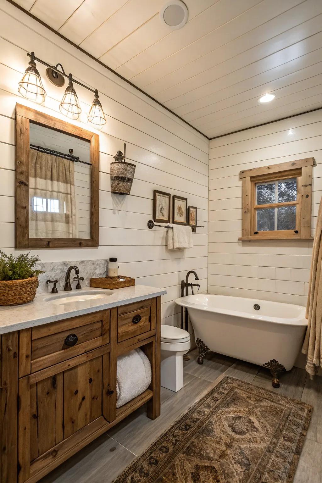 Shiplap walls contribute to the rustic charm of a farmhouse bathroom.