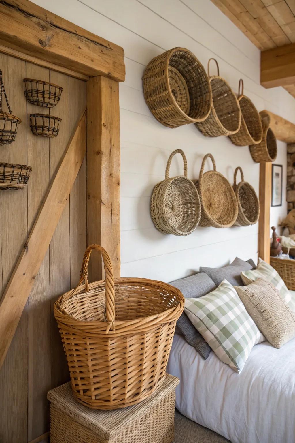 Woven baskets add a rustic texture.