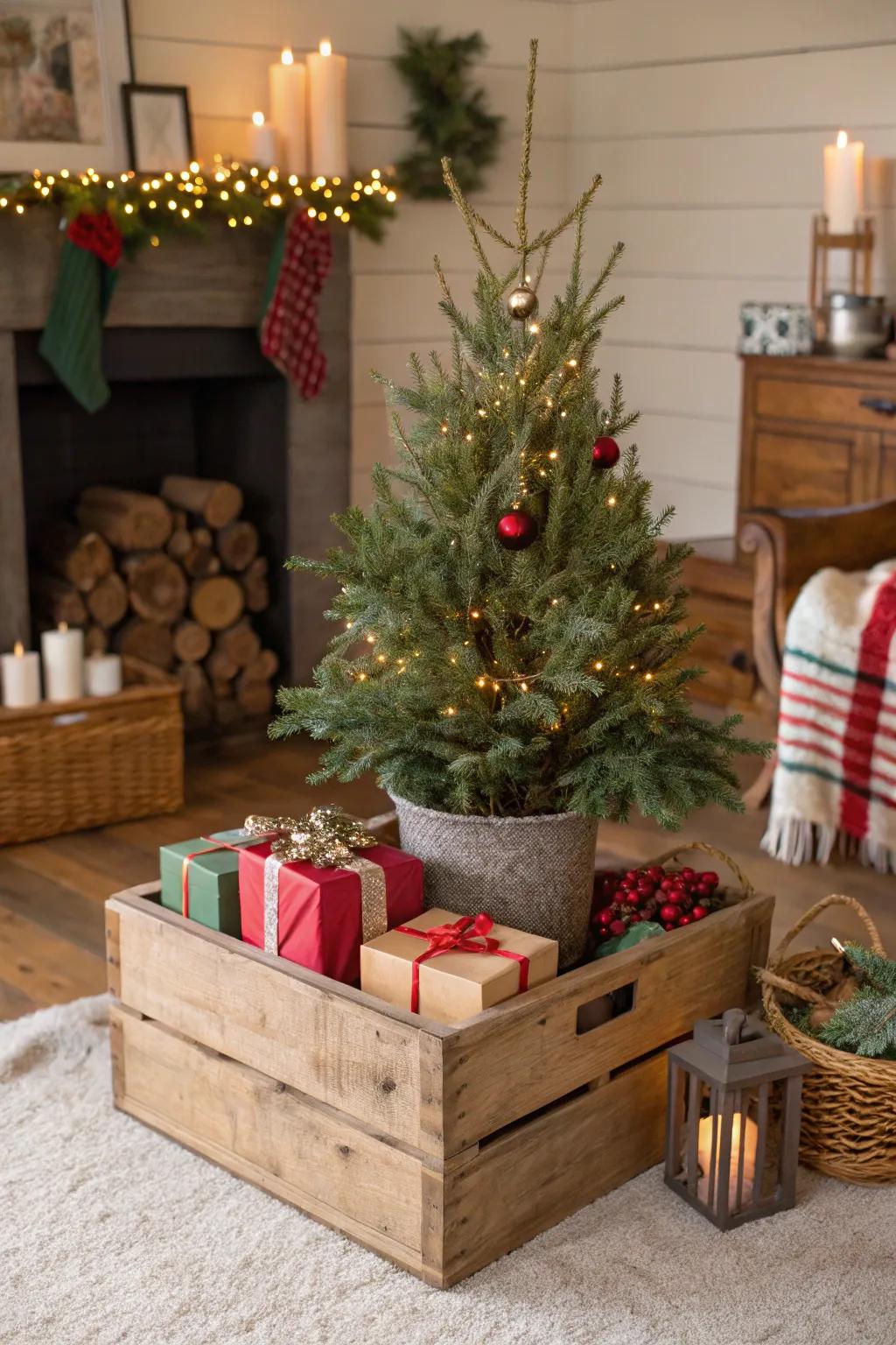 A wooden crate adds a rustic base to this charming Christmas tree.