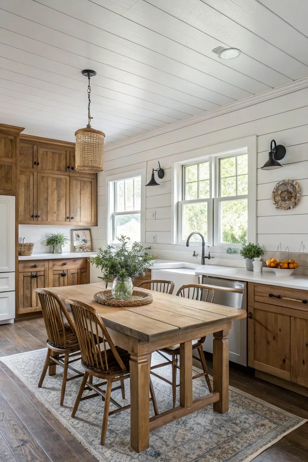 A farmhouse kitchen with a white shiplap backsplash for a rustic feel.