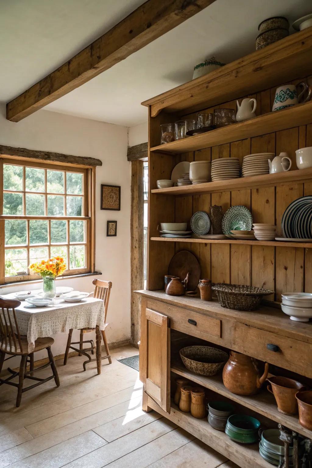 A farmhouse kitchen with open wooden shelves displaying dishes.