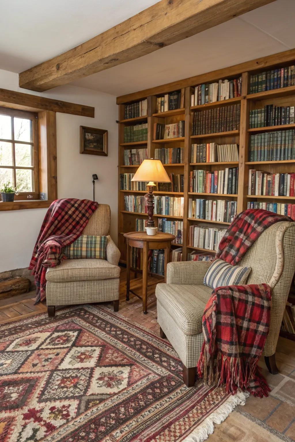 Cozy textiles like plaid blankets and rugs add warmth to the library.