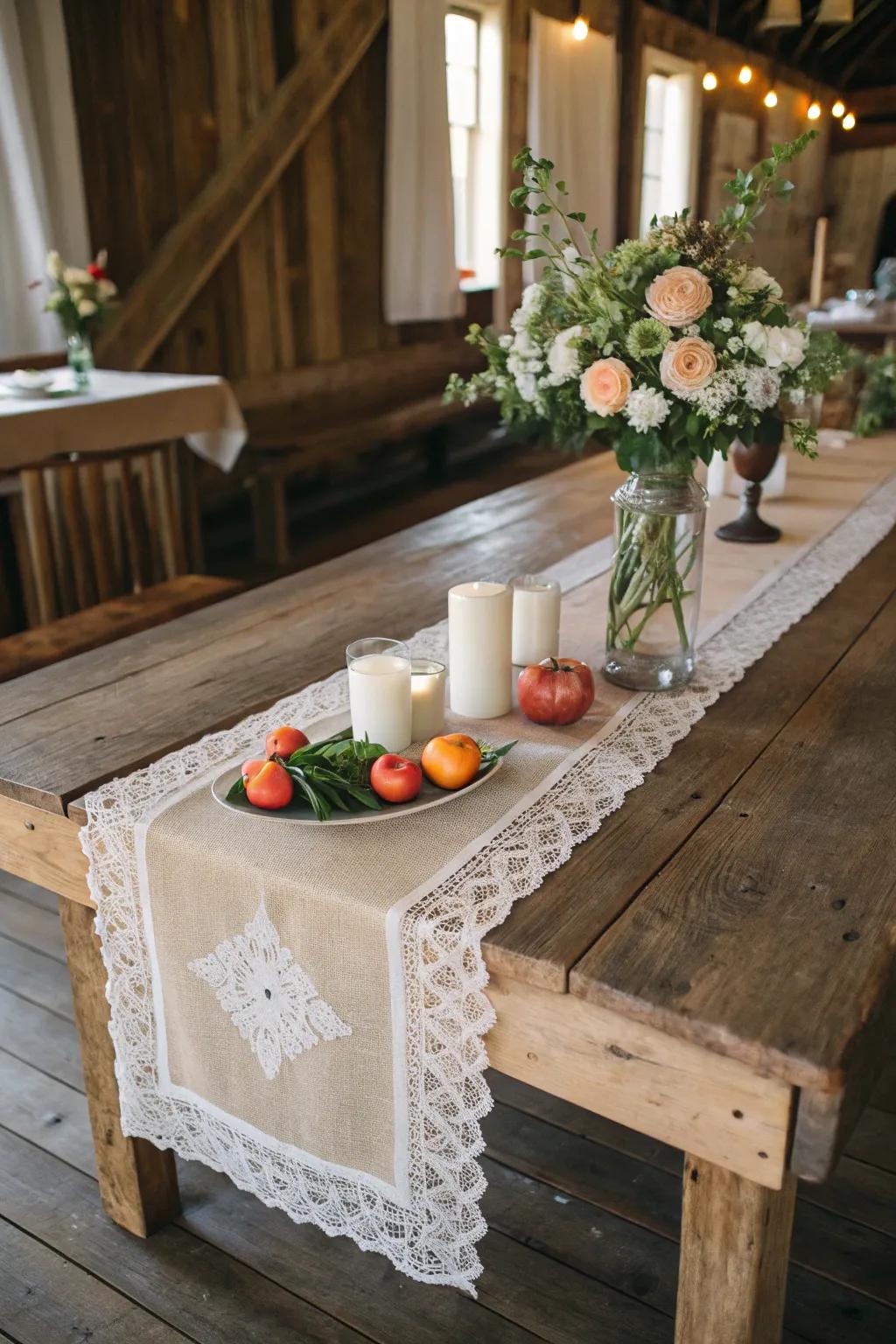 A burlap and lace runner adds texture and elegance to your farmhouse table.