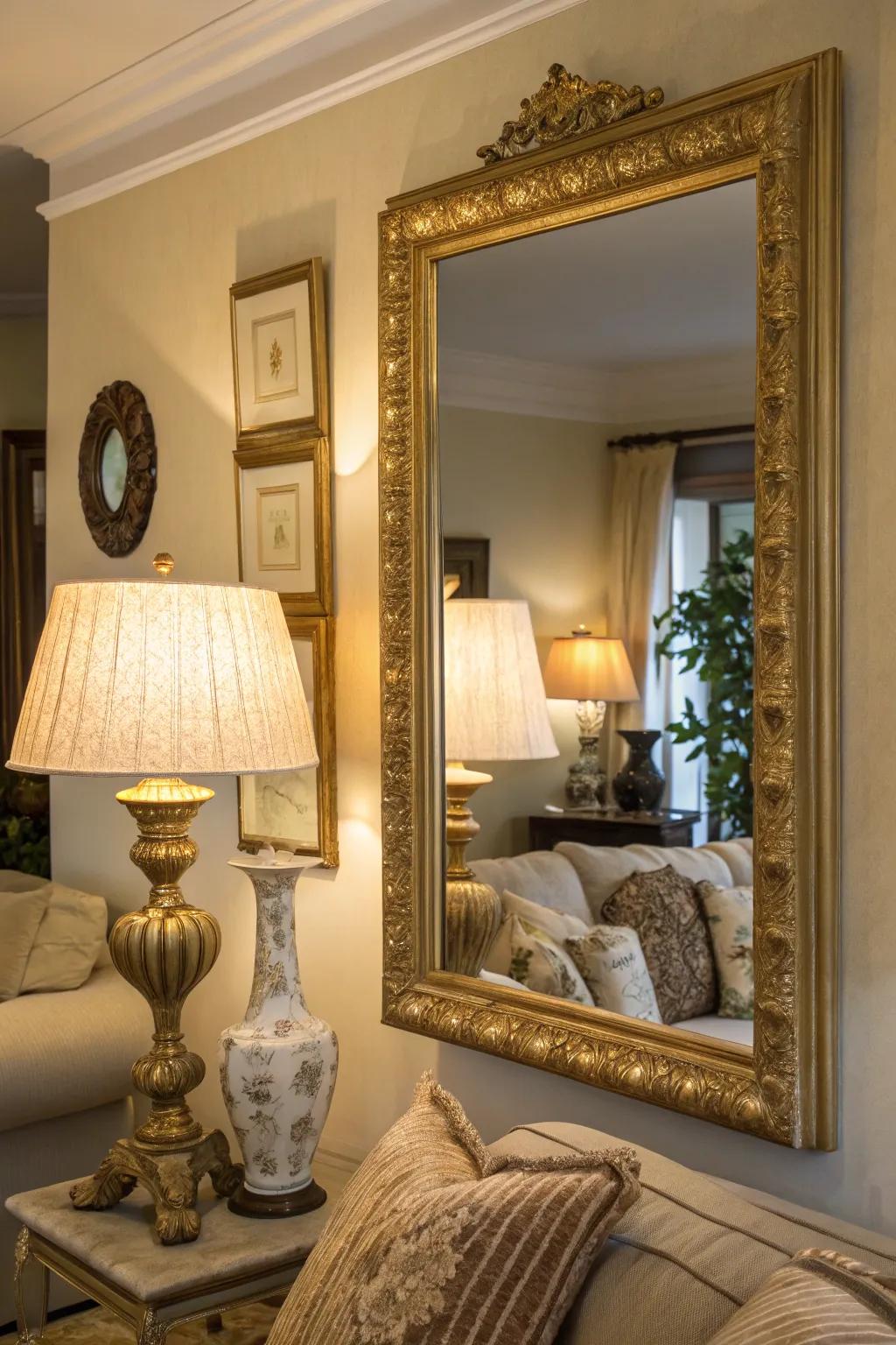 A stylish living room featuring a gold-framed mirror and matching lamps.