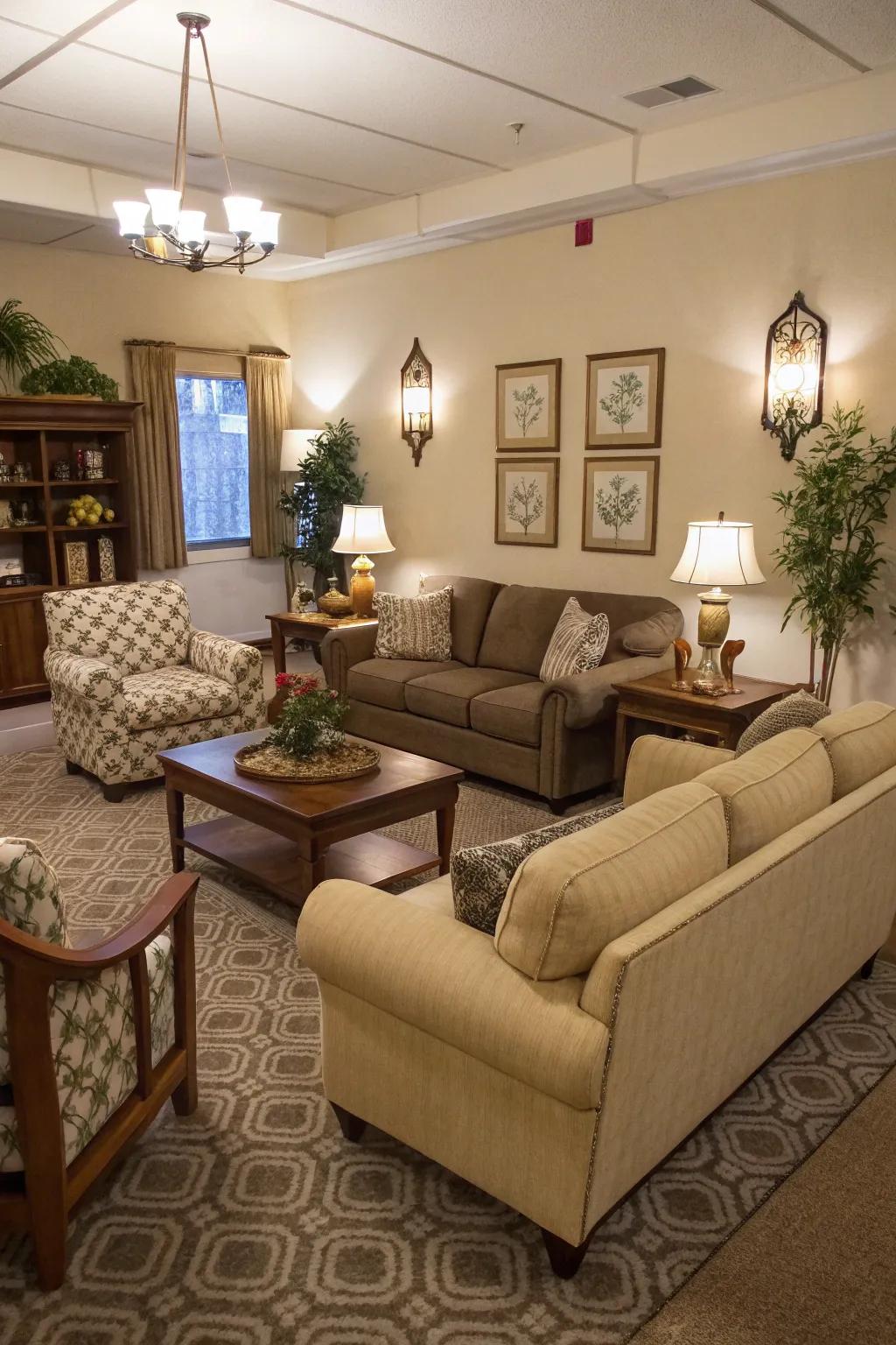 A balanced furniture arrangement fosters interaction.