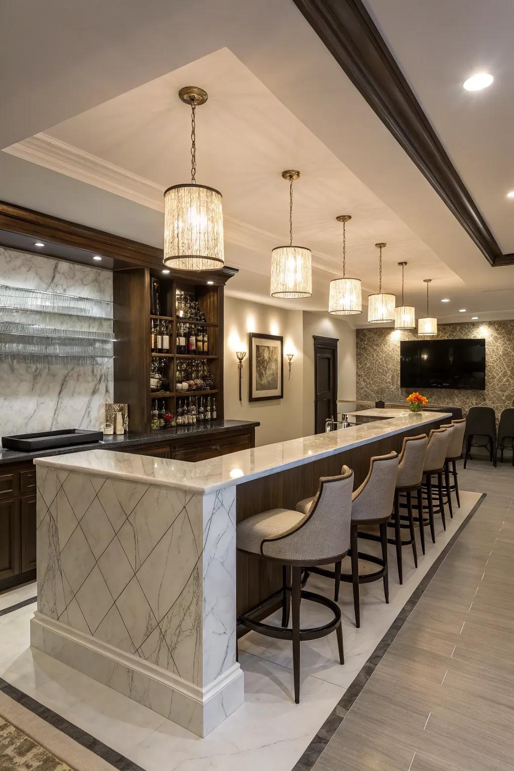 Achieve sleek sophistication with a modern elegant basement bar.