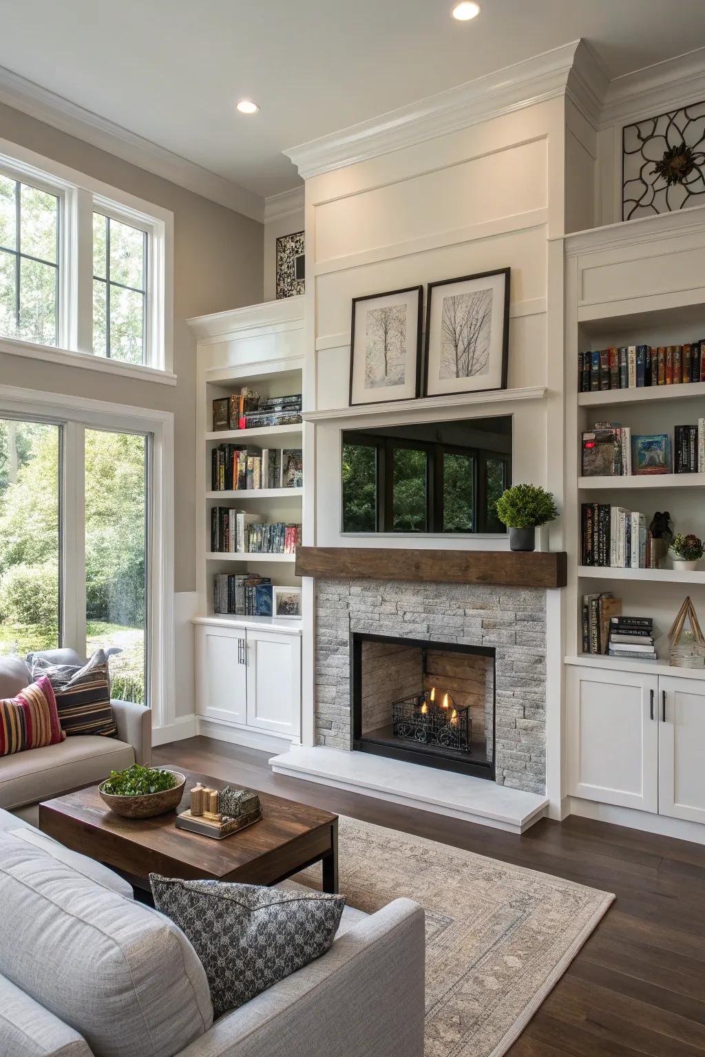 A modern living room featuring a fireplace with built-in shelving for added functionality.