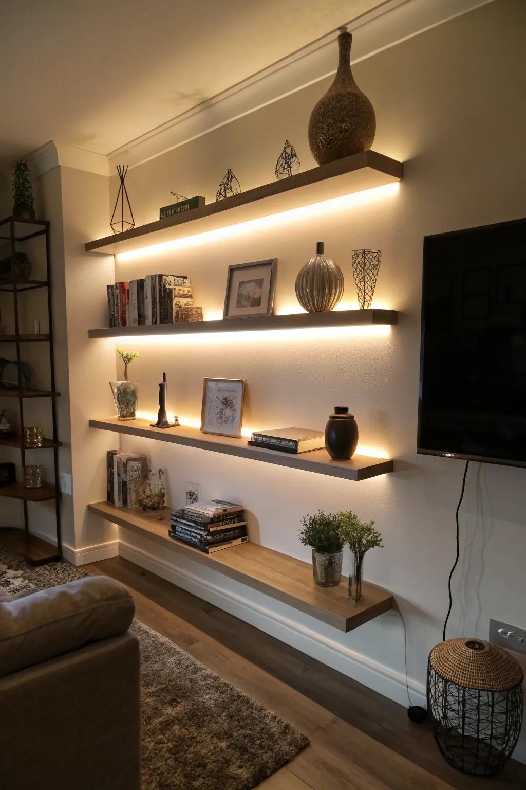 Accent lighting enhancing floating shelves