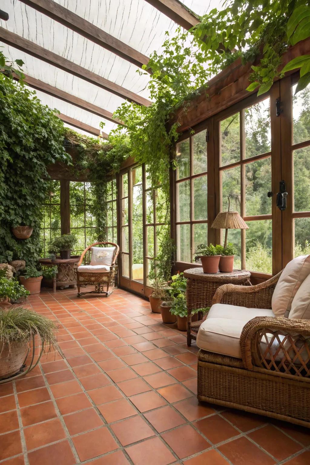 Sunroom with warm terracotta tile flooring.