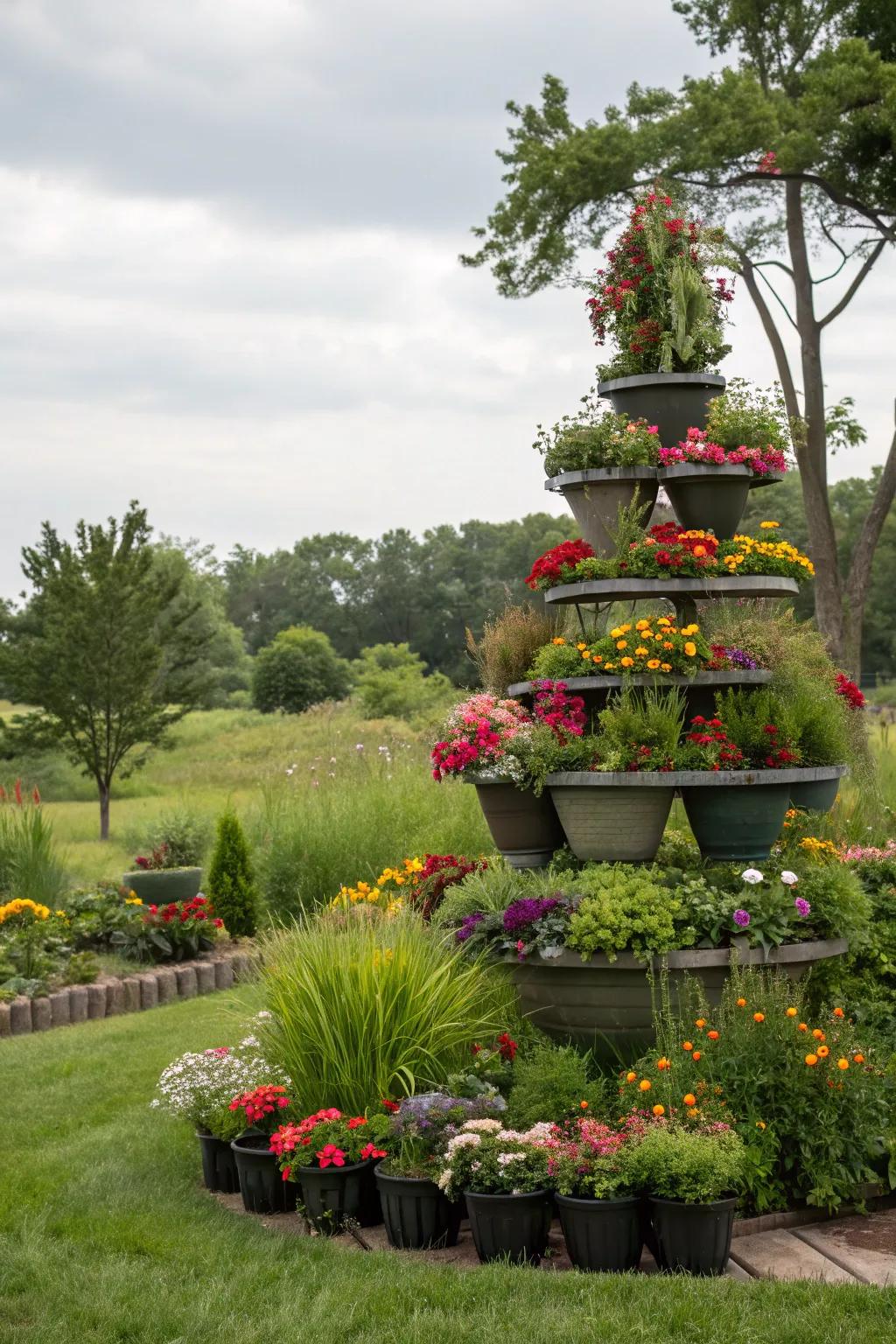 Tiered flower pots creating depth and interest in the garden.