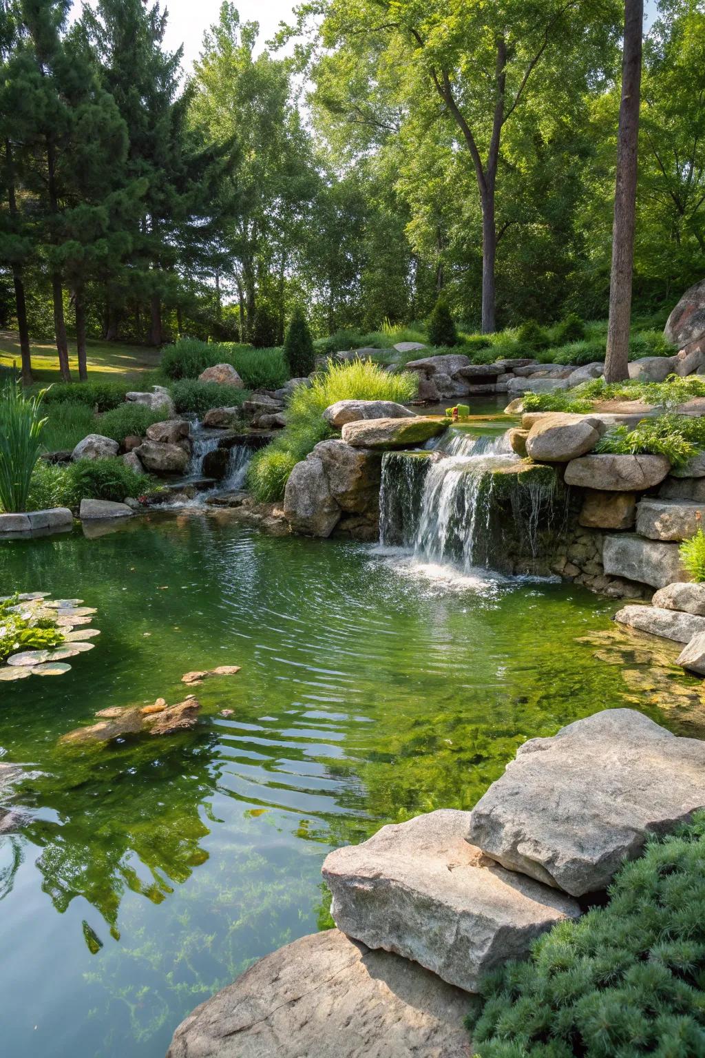 A tranquil water feature that enhances the garden's natural beauty.