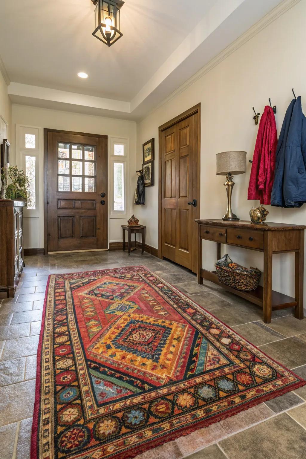 A well-chosen rug can be a focal point in a foyer, adding comfort and style.