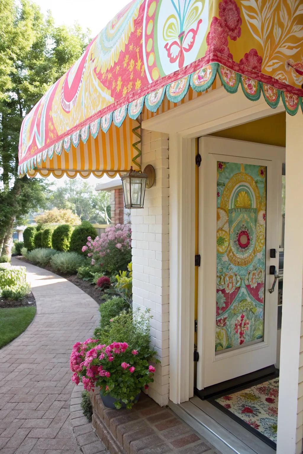 Fabric awnings bring vibrant flair.