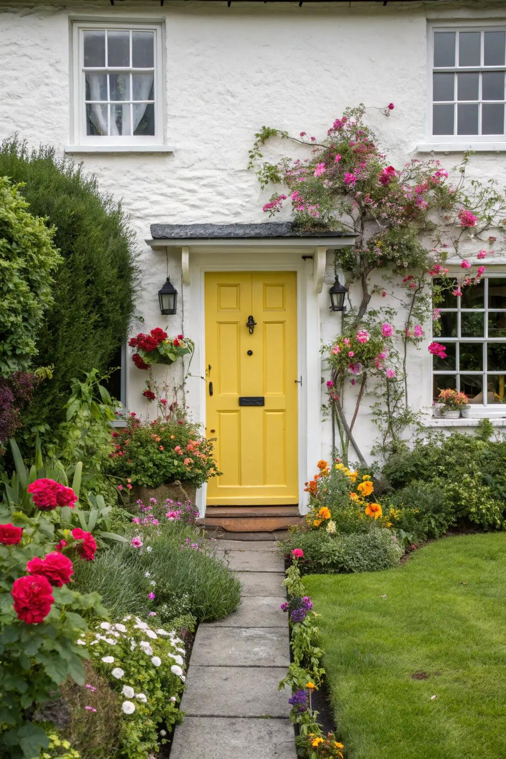 A sunshine yellow door offers a warm, cheerful welcome.