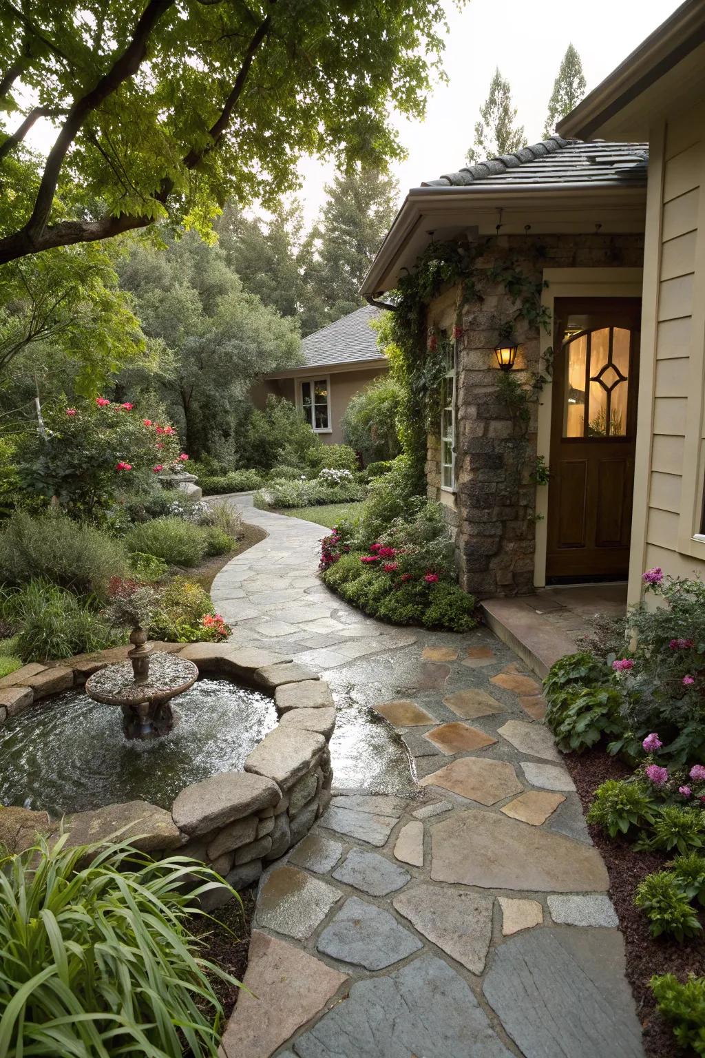 Natural stone pavers for an elegant and grounded entrance.