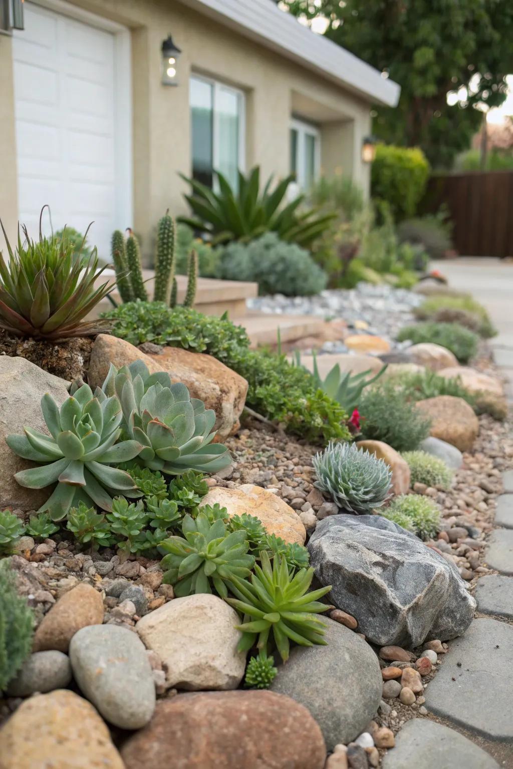 A rock garden featuring succulents and rocks, creating a low-maintenance landscape.