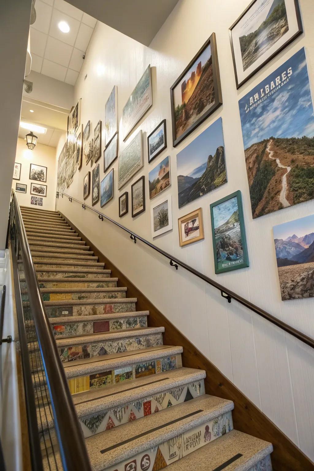 A thematic gallery wall tells a story as you climb the stairs.