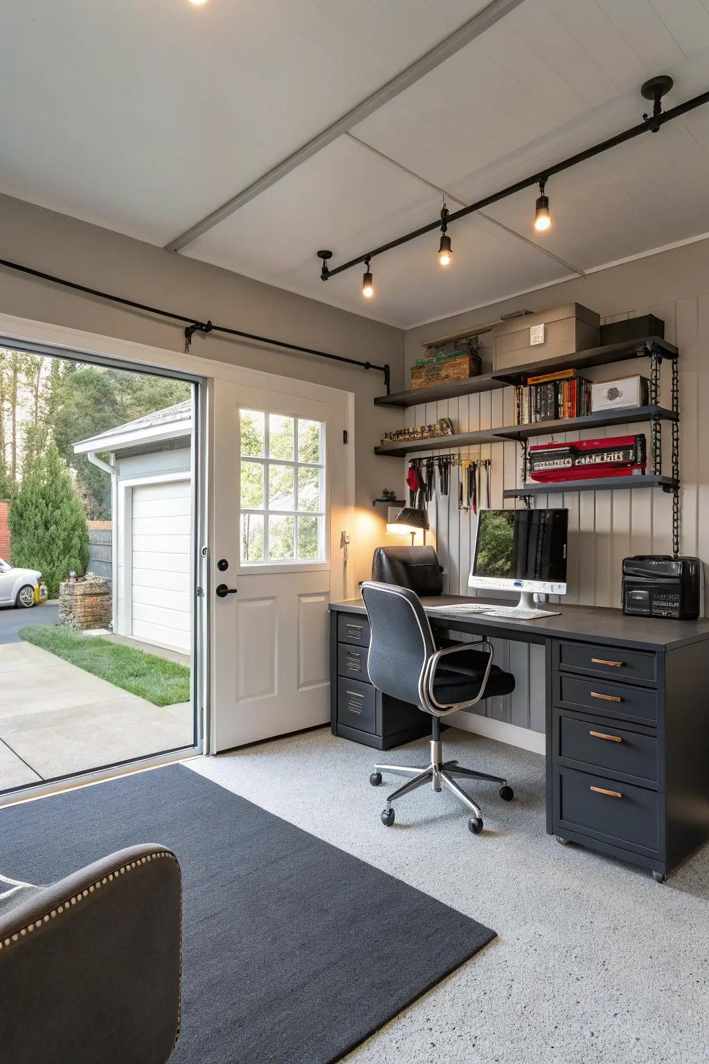 A garage that doubles as a functional home office.