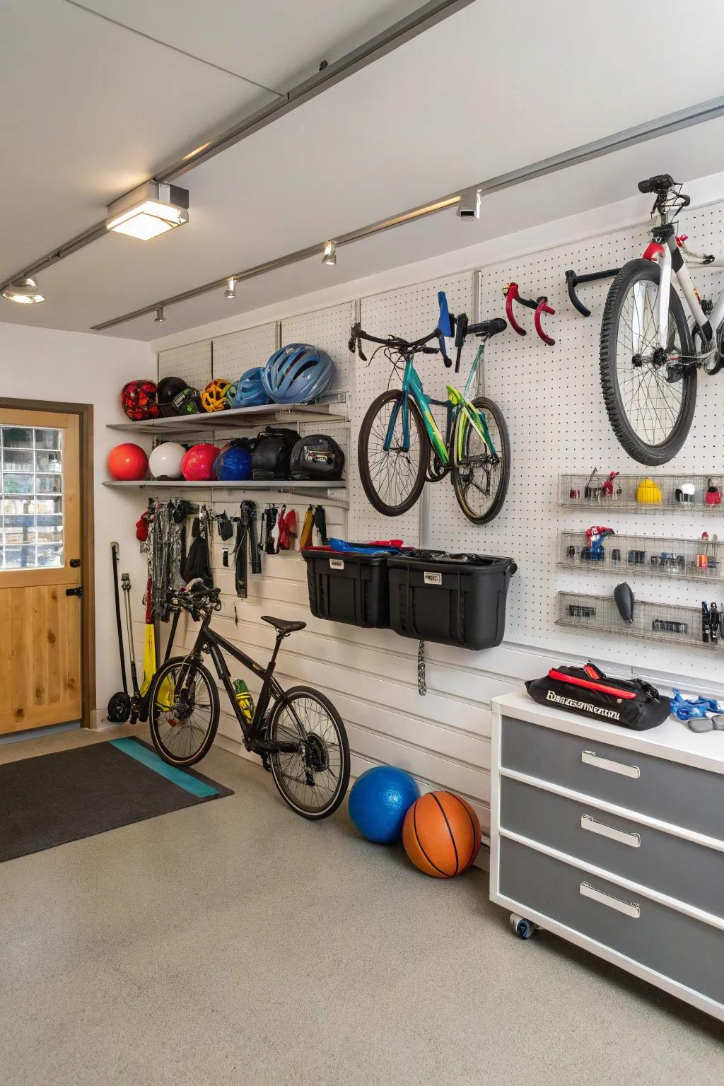 Wall-mounted racks efficiently utilize vertical space in the garage.