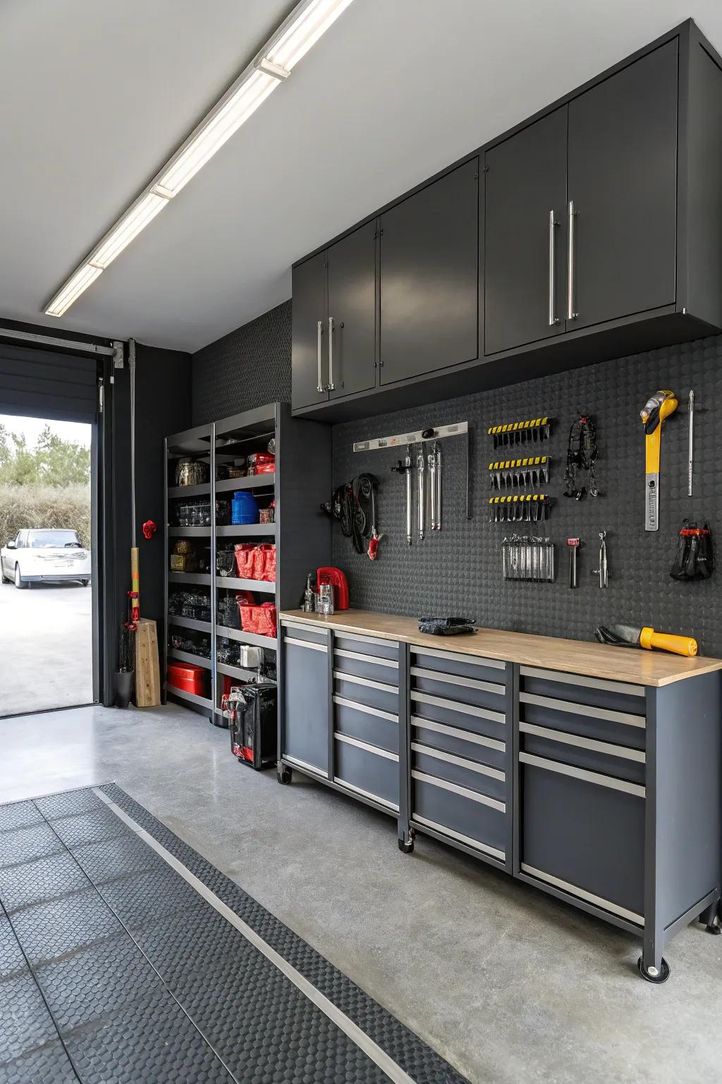 Charcoal gray introduces an industrial chic aesthetic to your garage.