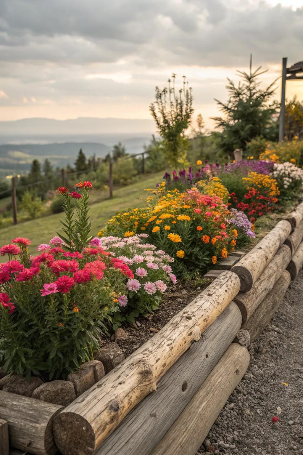 Wooden log edging adds a natural charm to garden borders.