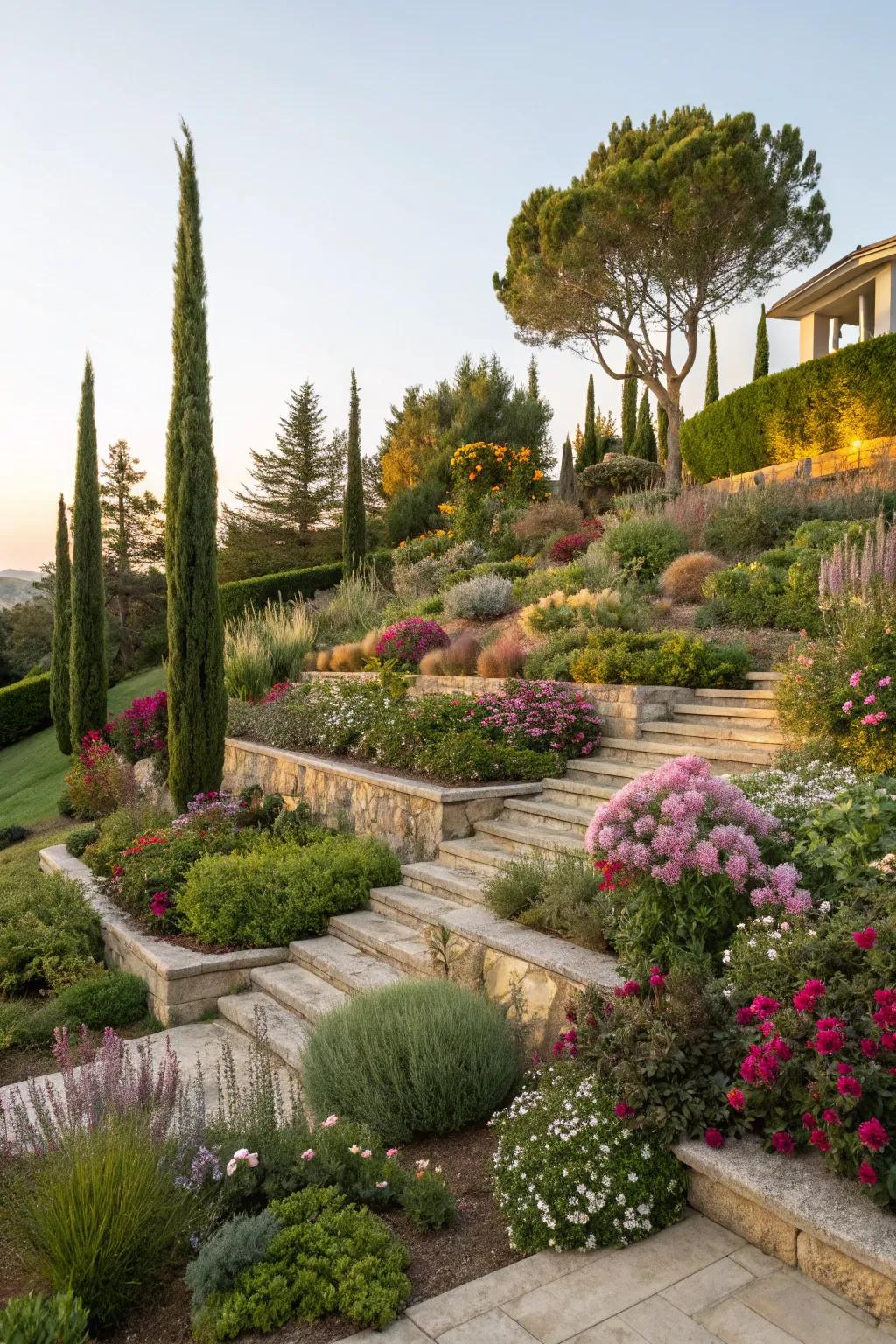 Layered planting creates a lush and diverse garden landscape.