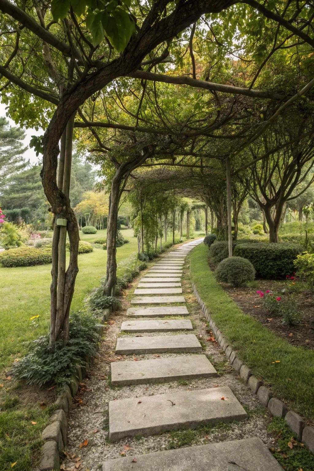 A picturesque walkway with trees and stepping stones.