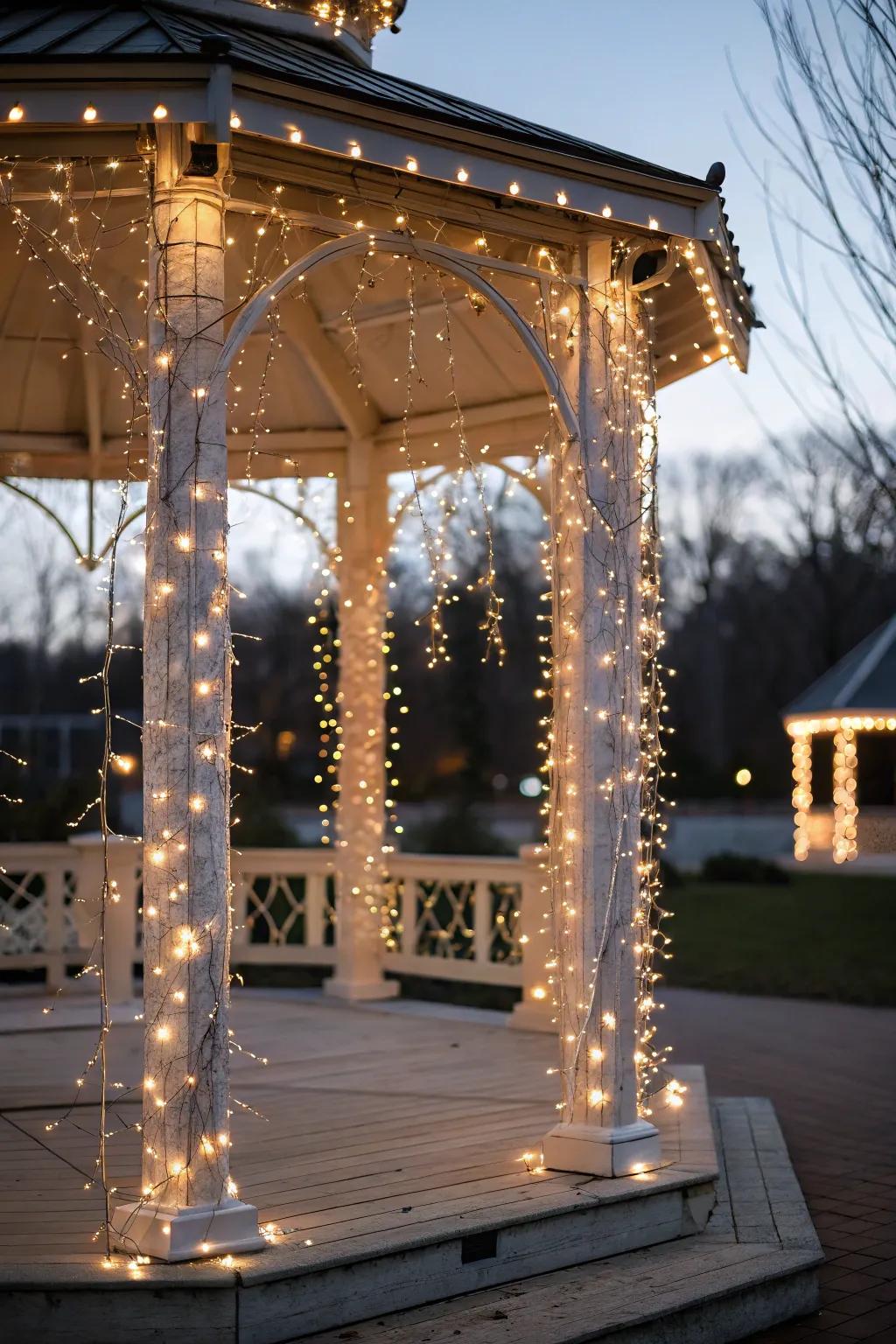 Fairy lights wrapped around gazebo pillars add a touch of whimsy.