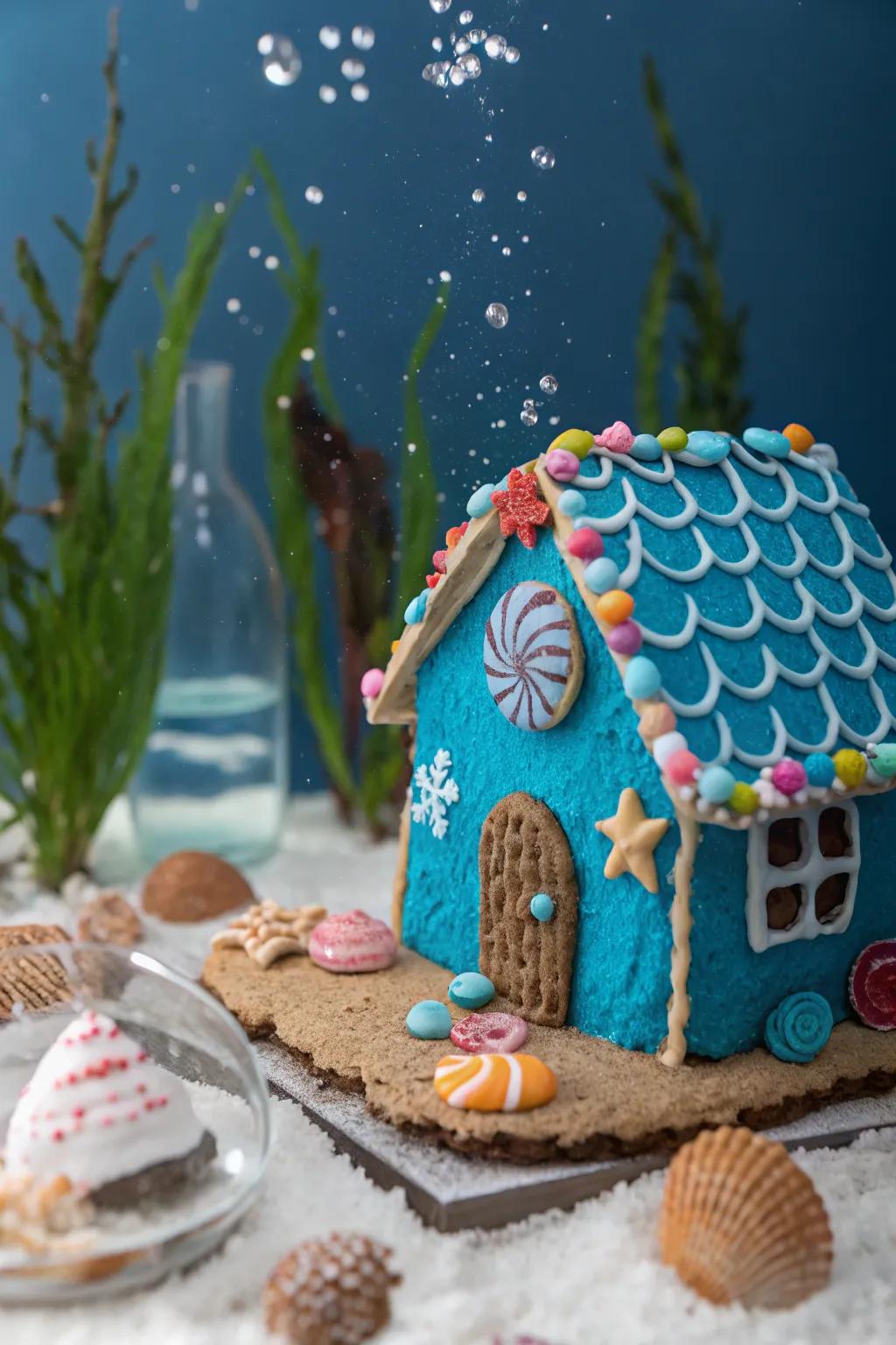 A gingerbread house transformed into an underwater paradise.