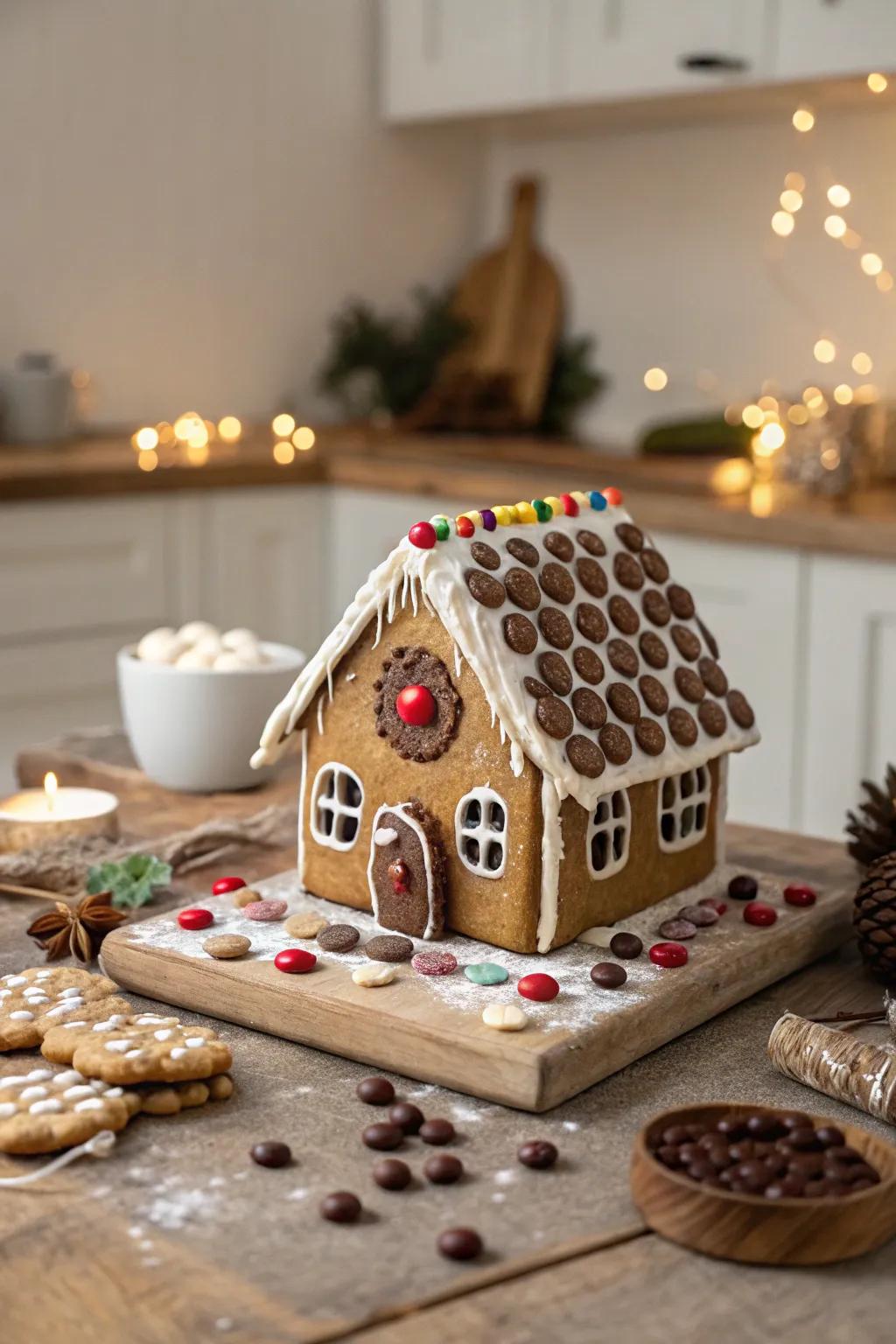 A gingerbread roof tiled with chocolate buttons.