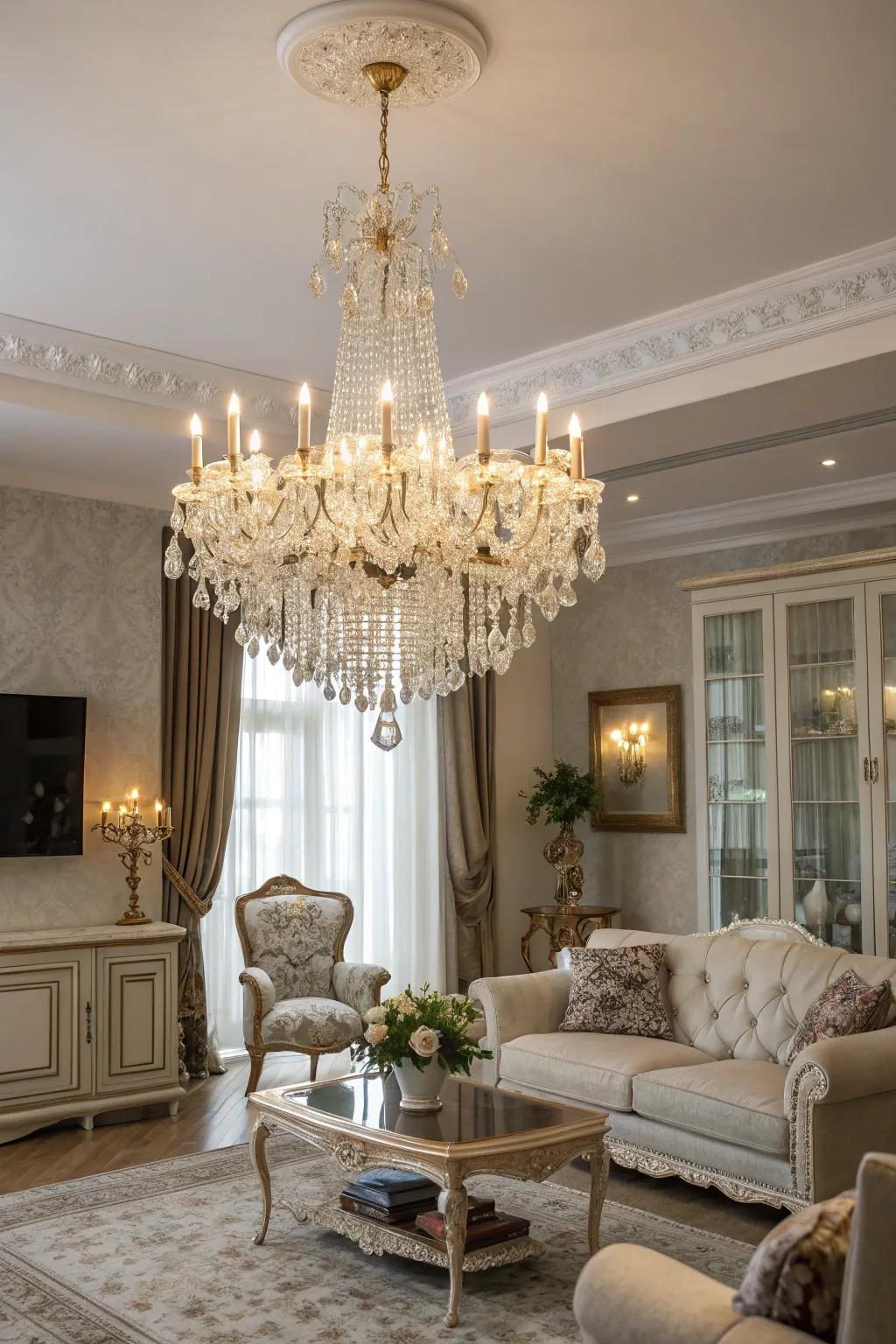 An elegant living room illuminated by a delicate chandelier.