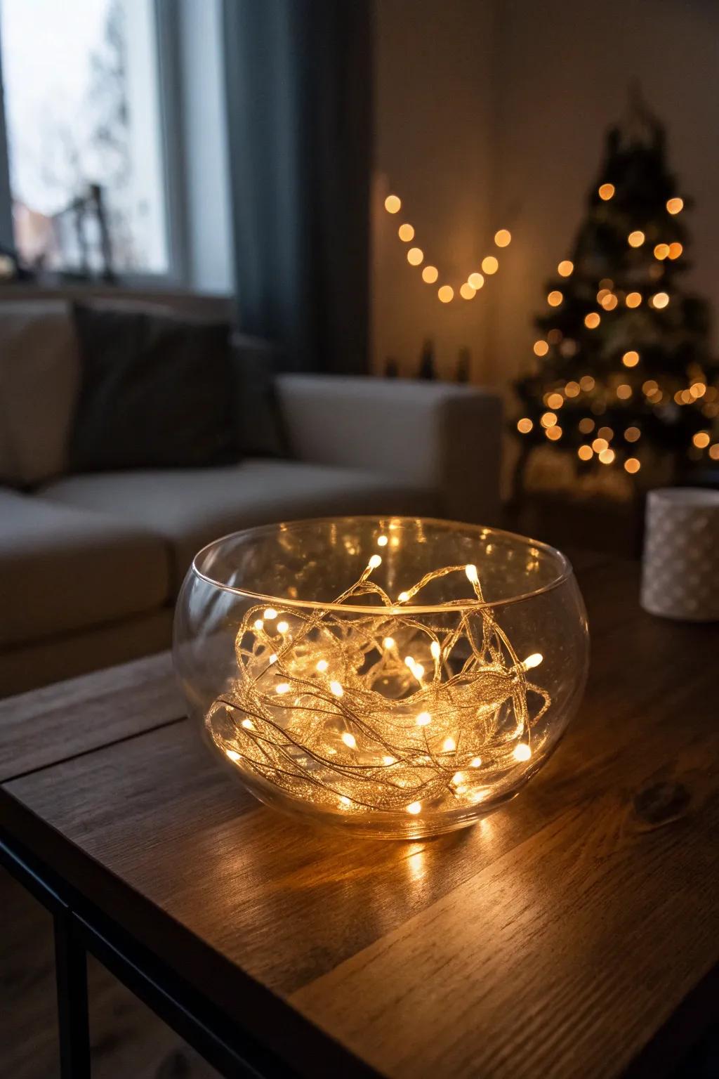 Fairy lights in a glass bowl create a magical atmosphere.