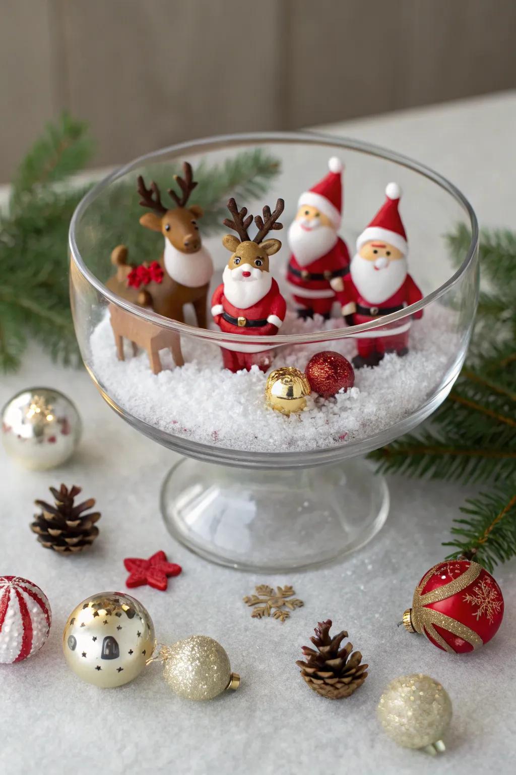 Tiny Christmas figures add charm to a glass bowl.