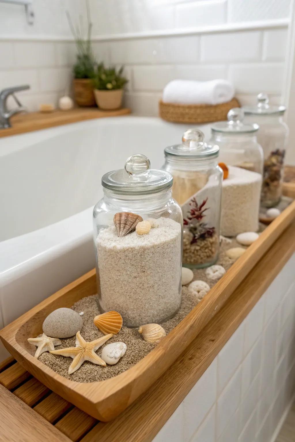 Beach-themed jars evoke a sense of calm and coastal charm.