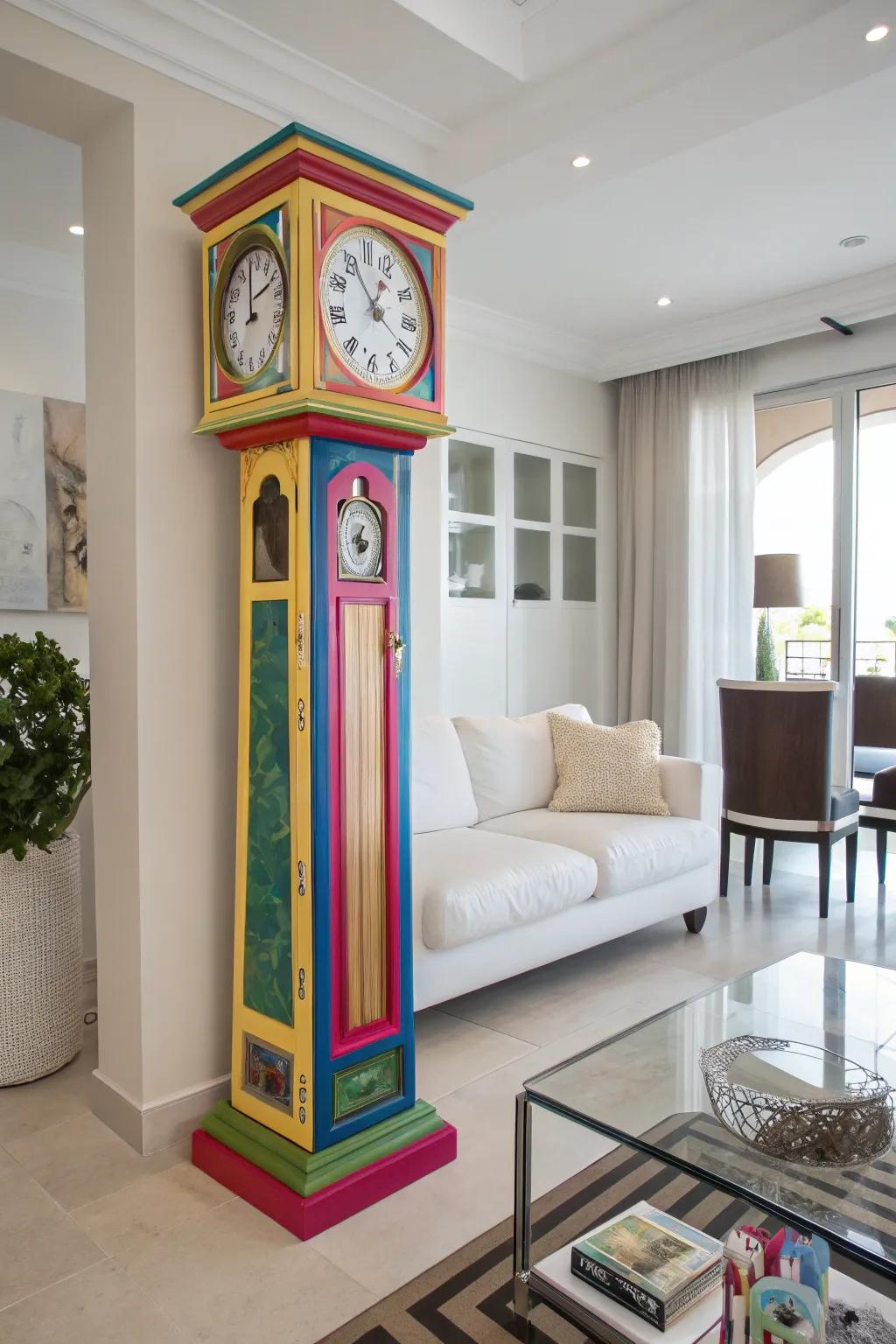 A bold paint choice turns a grandfather clock into a modern statement piece.