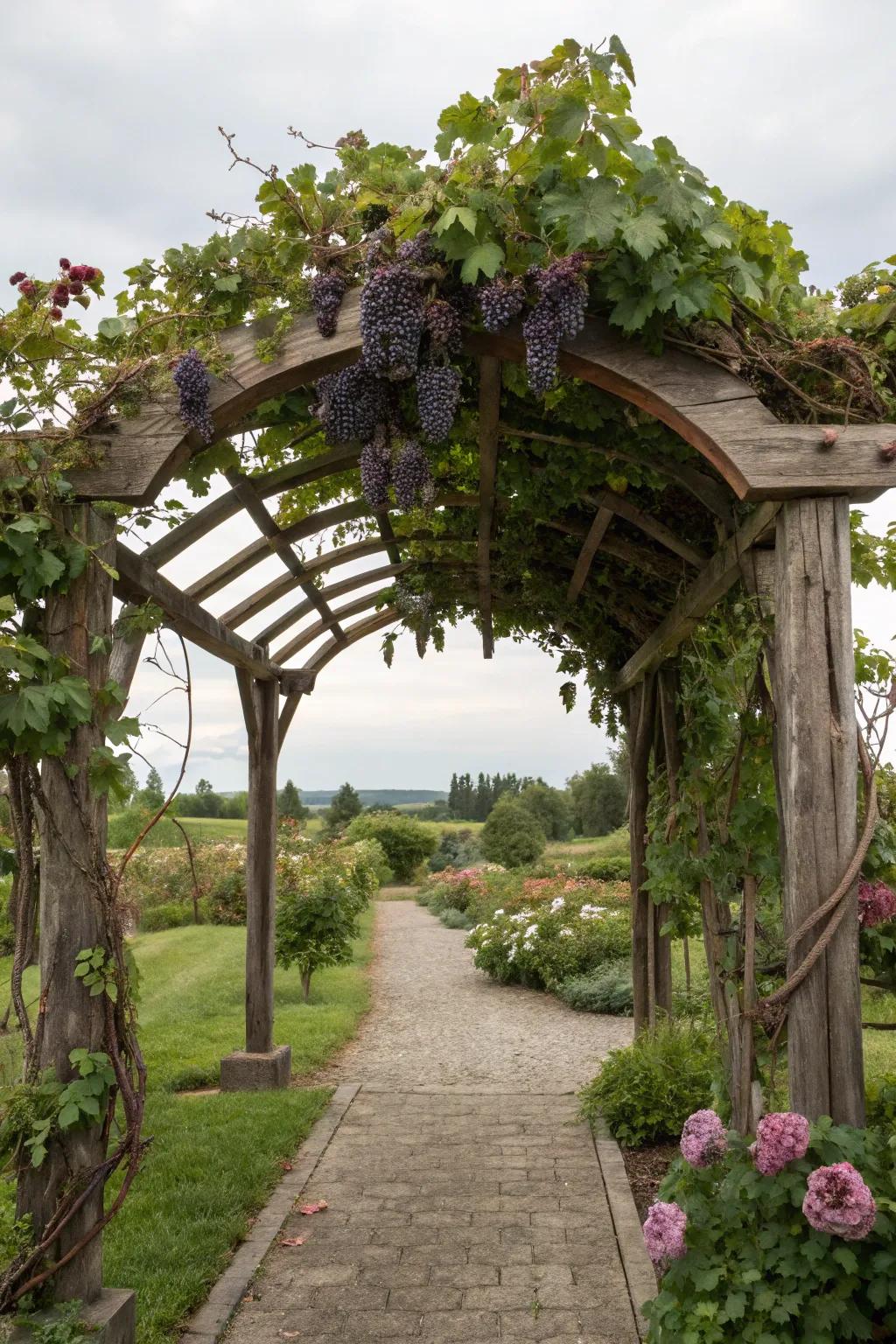 A rustic archway trellis adds whimsy and functionality to your garden.