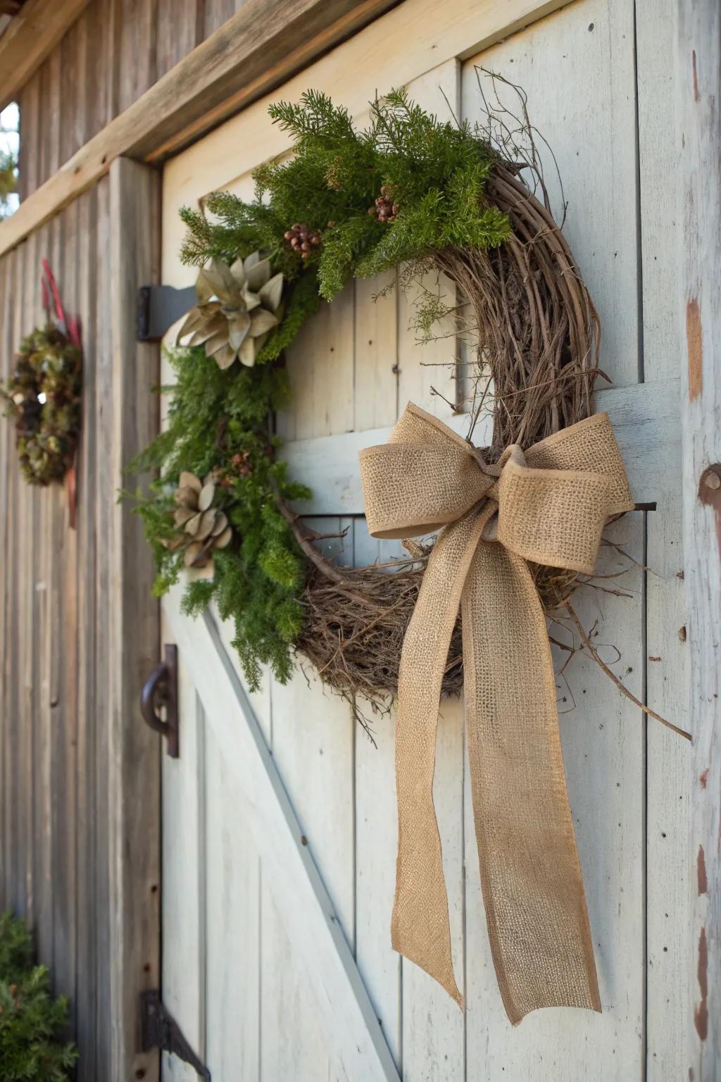 A rustic grapevine wreath with burlap and a bow.