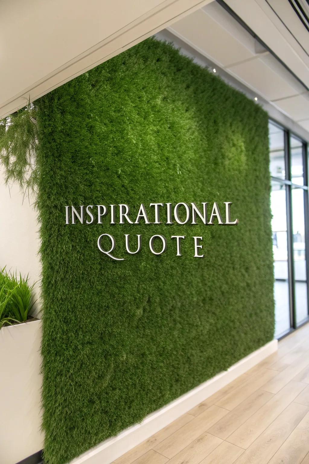 An inspirational quote blends seamlessly into a grass wall, adding personal meaning.