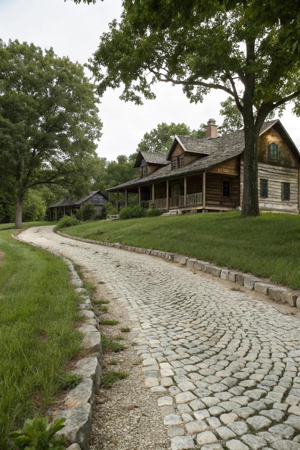 Cobblestone edges add rustic elegance to a gravel driveway.