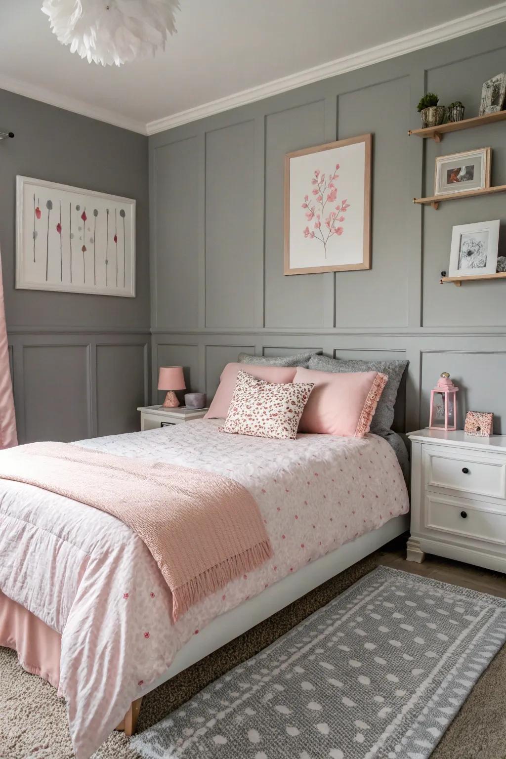 A romantic gray and blush pink bedroom.